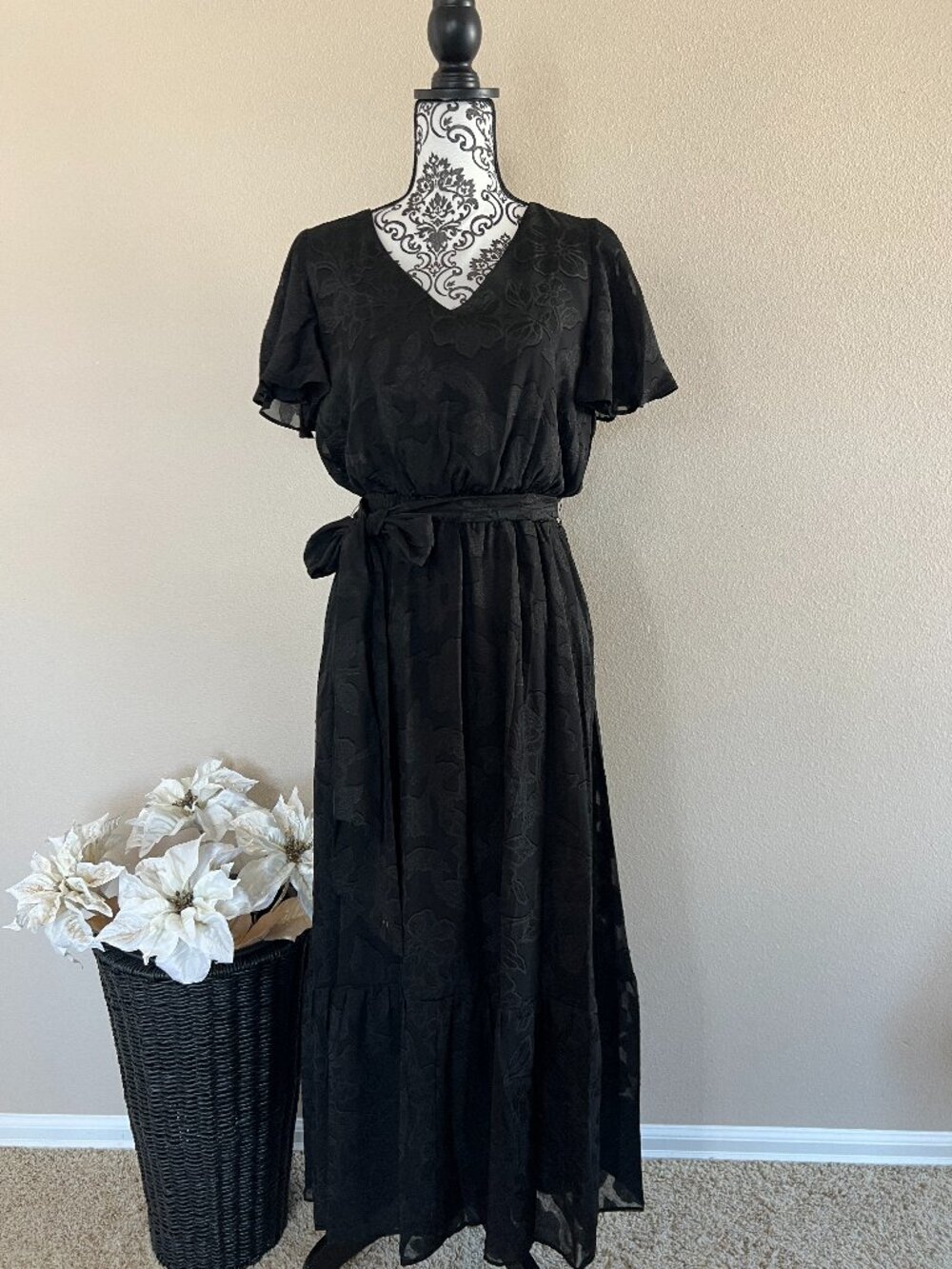 Kasper Flutter-Sleeve Smock-Waist Dress - Size Small - Black